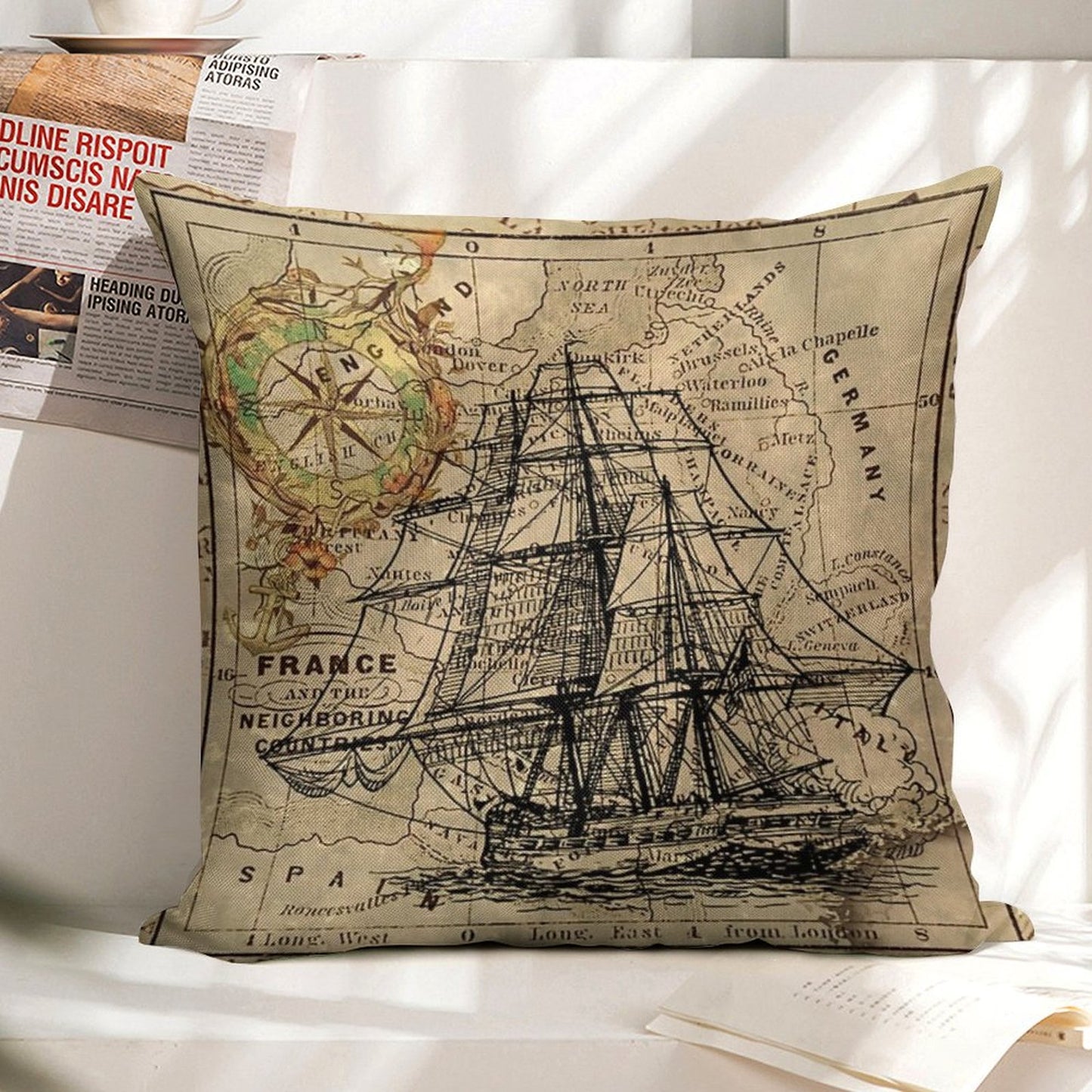 Dark Academia Vintage Pirate Ship Sailor Antique World Map Linen Throw Pillow Cover