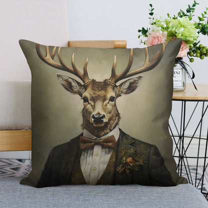 Dapper Deer Portrait Art Linen Throw Pillow Cover