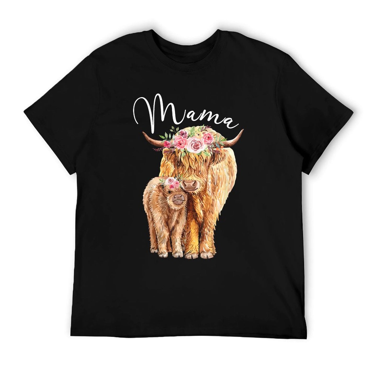 Mama Highland Cow With Baby Calf Floral Mothers Day Mom Gift T-Shirt