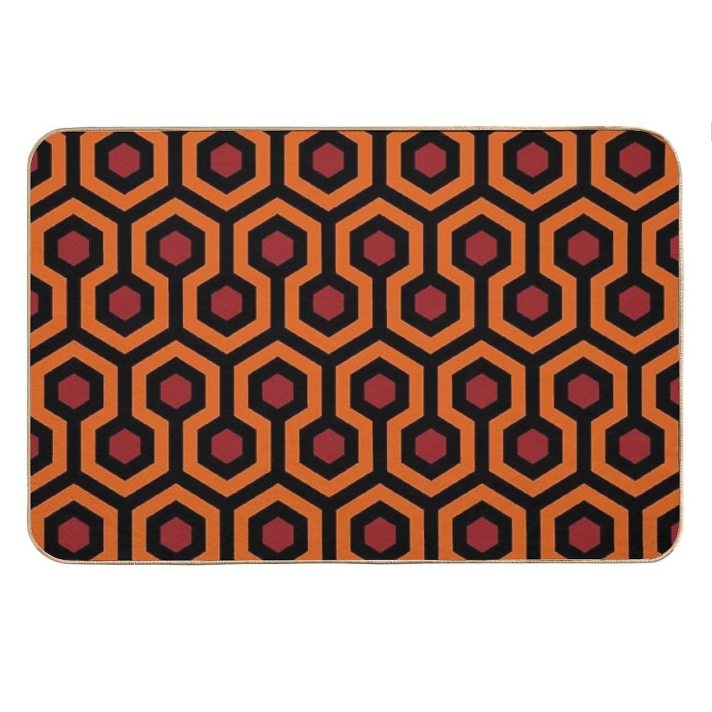 Geometric Pattern Looped Hexagons OrangeRedBlack Bath Mat