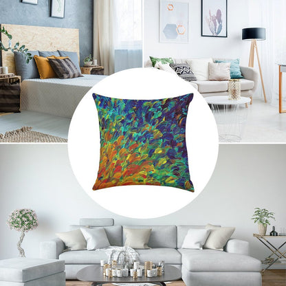 FOLLOW THE CURRENT 1, Bold Colorful Abstract Acrylic Painting Ocean Waves Blue Orange Splash Ombre Fine Art Linen Throw Pillow Cover