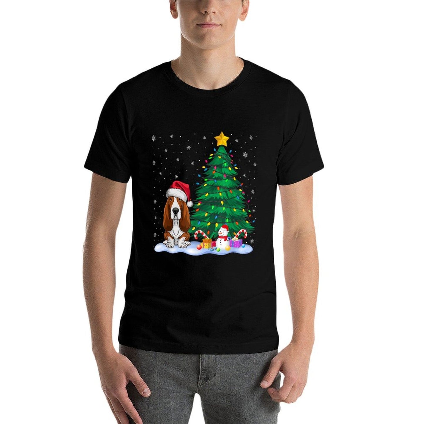 Basset Hound Dog Xmas Tree Lights Reindeer Hat Christmas for Men Women Kids  Trendy Pattern T-Shirt
