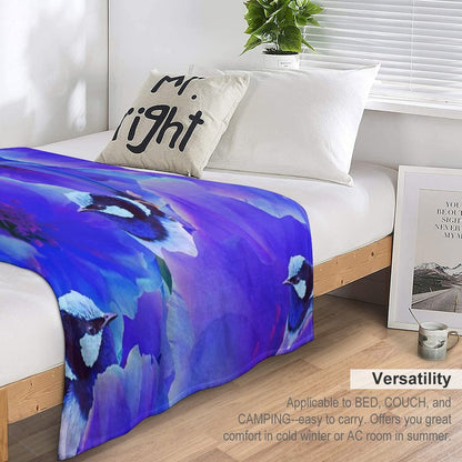 Bluetiful - Spot The Wren - Blossom Floral & Blue Wren Behind Black Throw Blanket