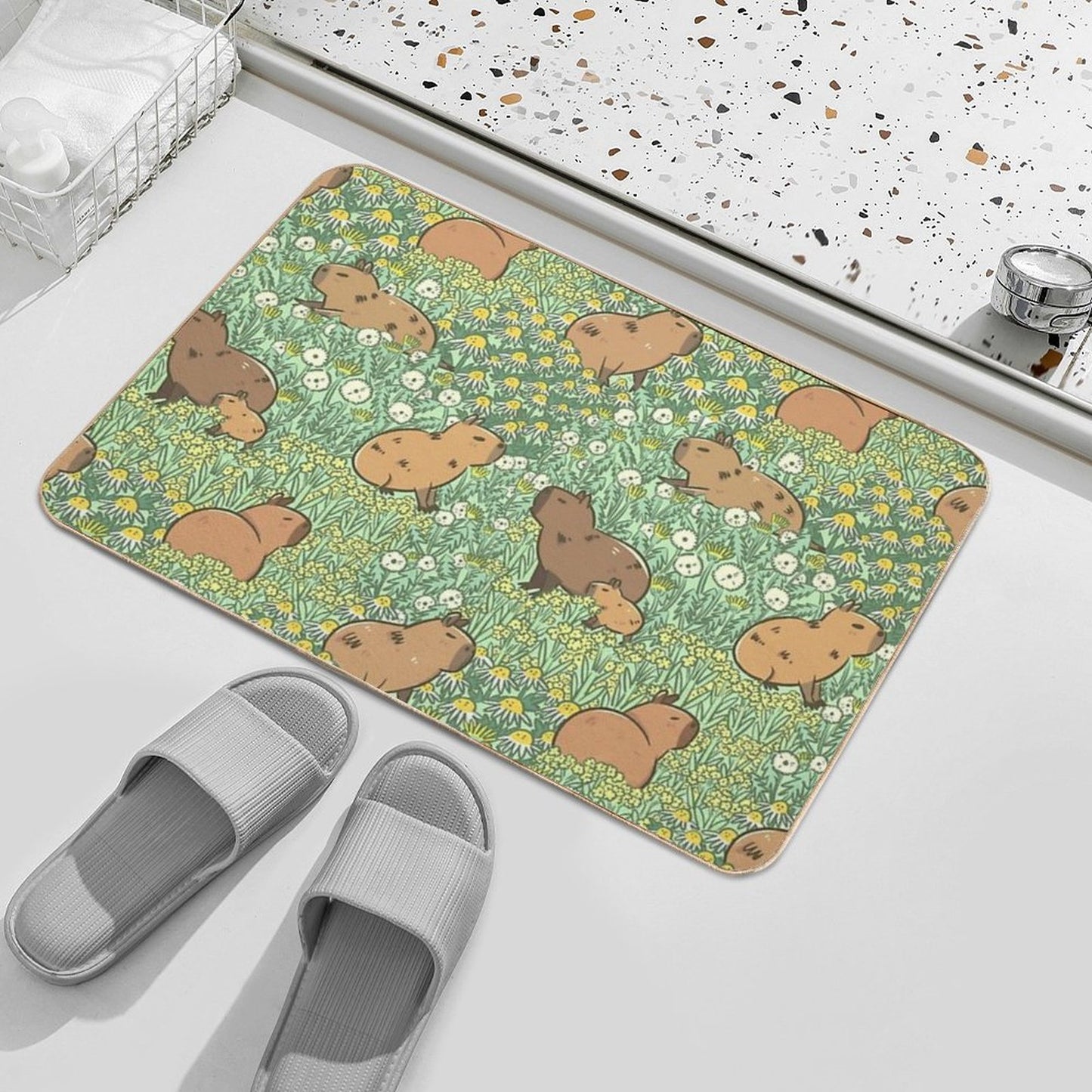 Capybaras Meadow in Green And Yellow Bath Mat