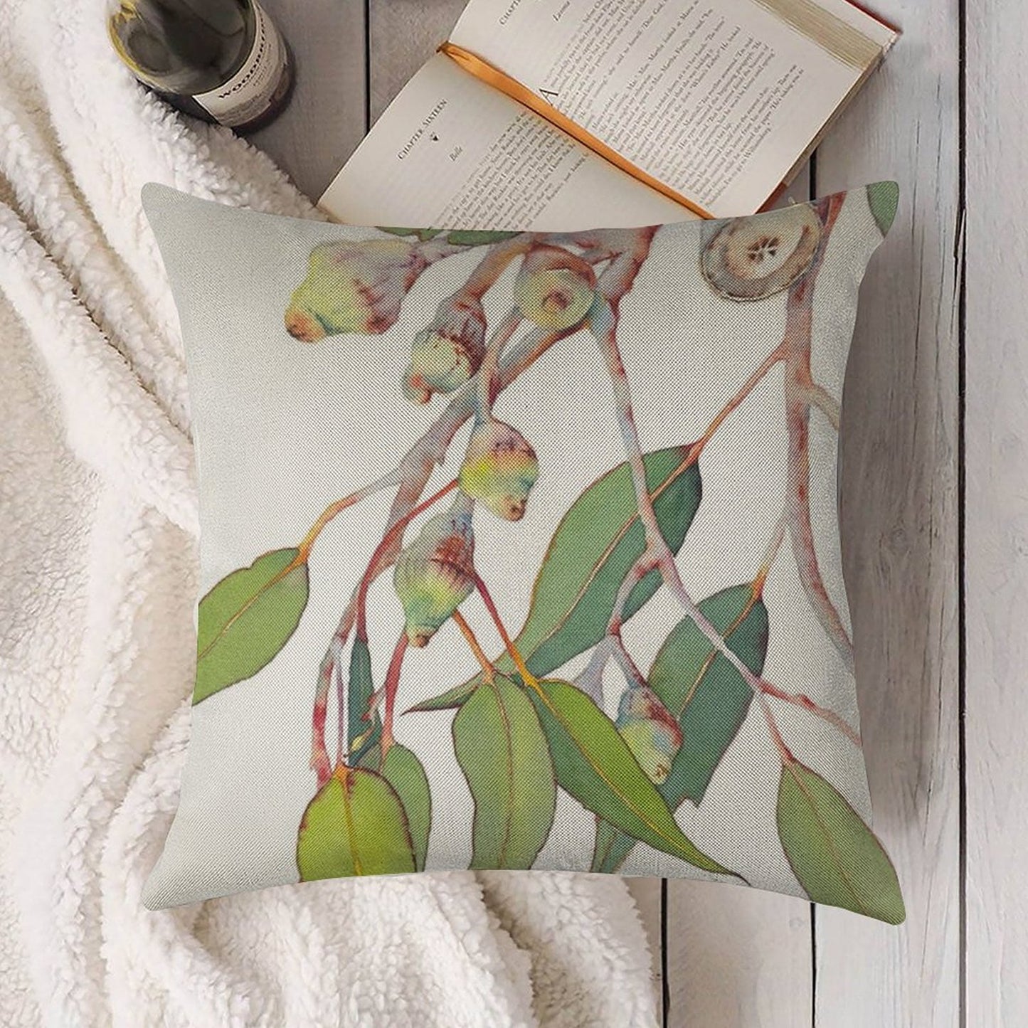 Australian Native Eucalyptus Tree Branch Watercolour Linen Throw Pillow Cover