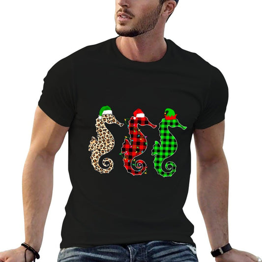 Cute Seahorse Christmas Leopard Plaid Xmas Animals Lover  Ribbed Collar T-Shirt