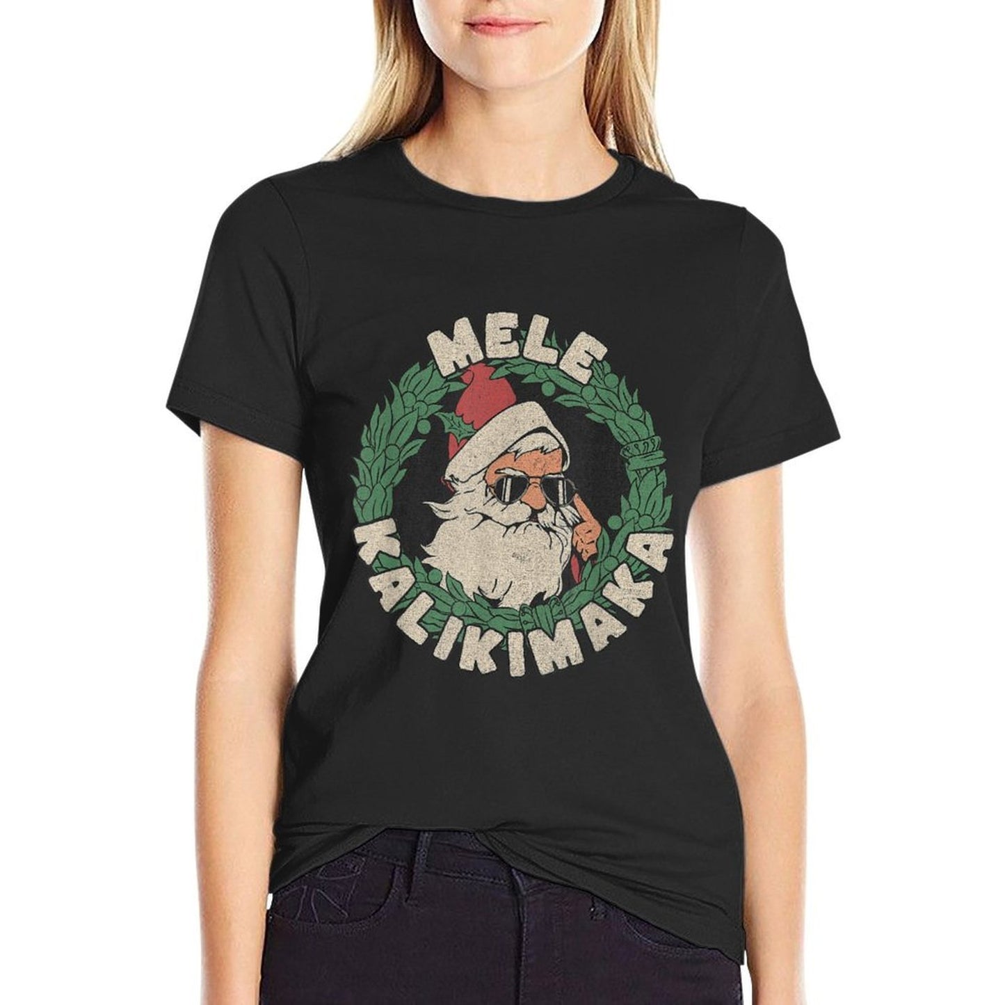 Mele Kalikimaka with Santa  Rolled Sleeves T-Shirt