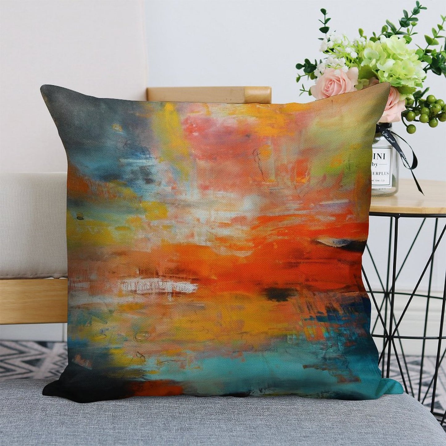 Red Abstract Sunset Landscape Painting Linen Throw Pillow Cover