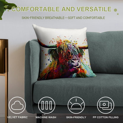 Highland Cow Watercolor Art Work Soft Durable Construction Throw Pillow