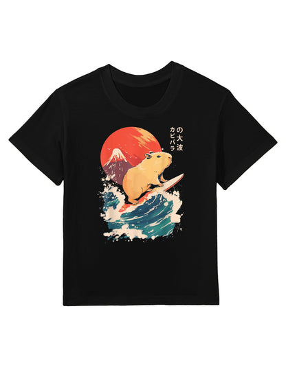 Japanese Capybara Surfing Wave Great Wave Japan Kids T-Shirt