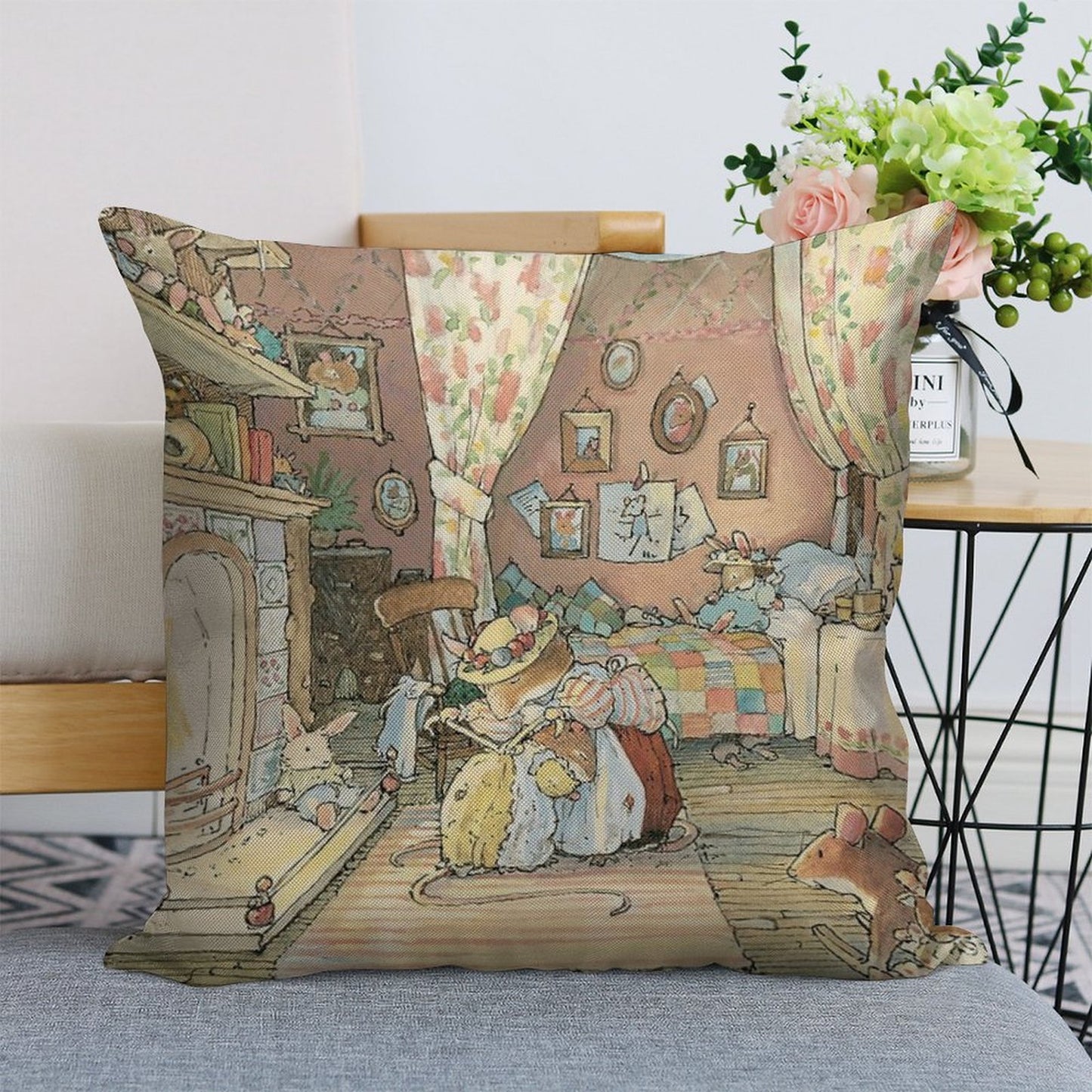 Lady Woodmouse Gets Primrose Ready for Bed Linen Throw Pillow Cover