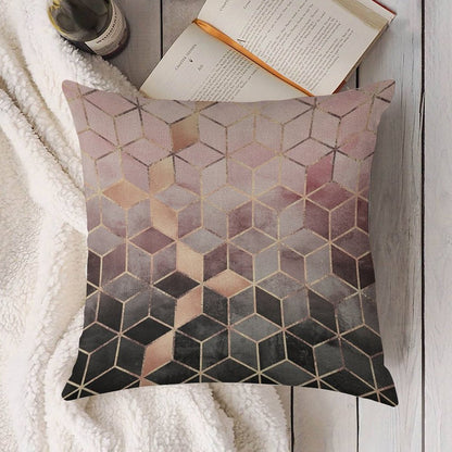 Pink And Grey Gradient Cubes Linen Throw Pillow Cover