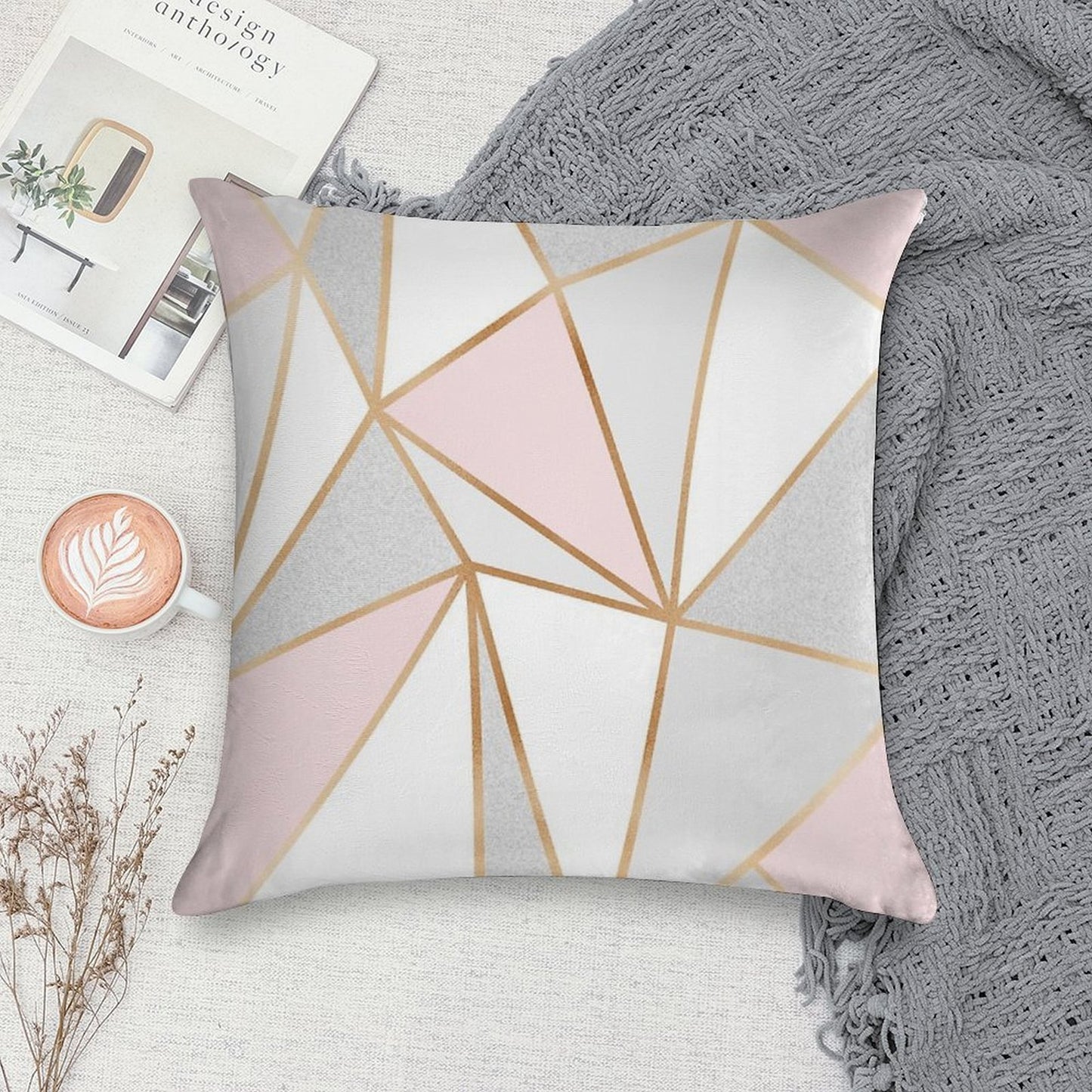 Pink, Grey & Gold Geo Soft Durable Construction Throw Pillow