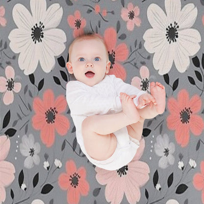 Pink Salmon White Grey Flowers Grey Background Pattern Throw Blanket