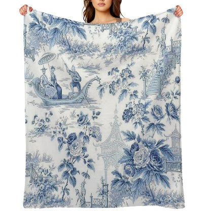 Powder Blue Chinoiserie Toile Throw Blanket