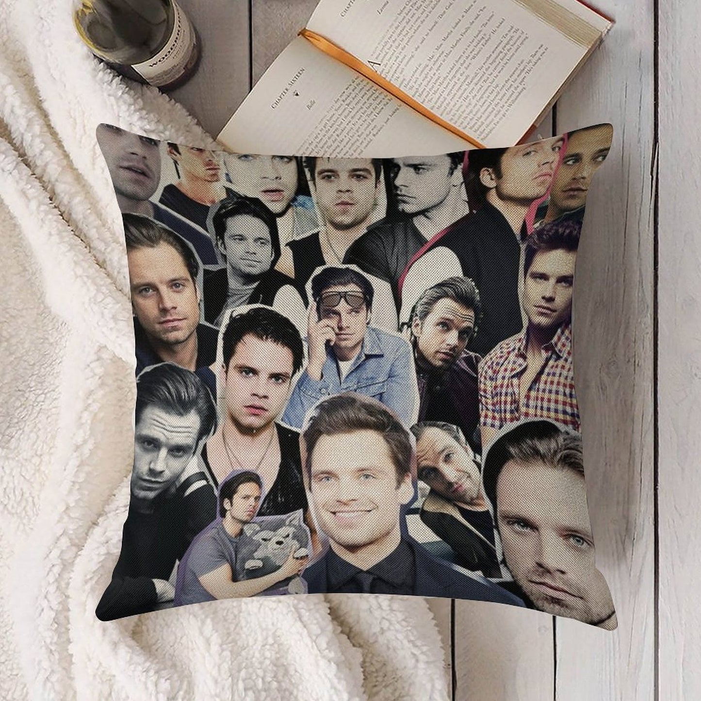 Sebastian Stan Collage Linen Throw Pillow Cover