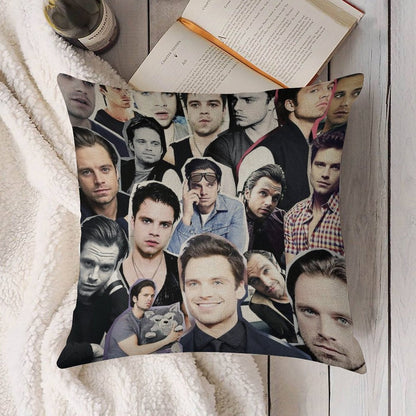Sebastian Stan Collage Linen Throw Pillow Cover