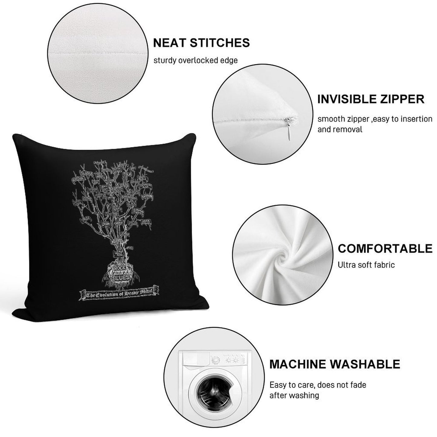The Evolution of Heavy Metal - True Metal Shirt Version. Soft Shrink-Resistant Throw Pillow