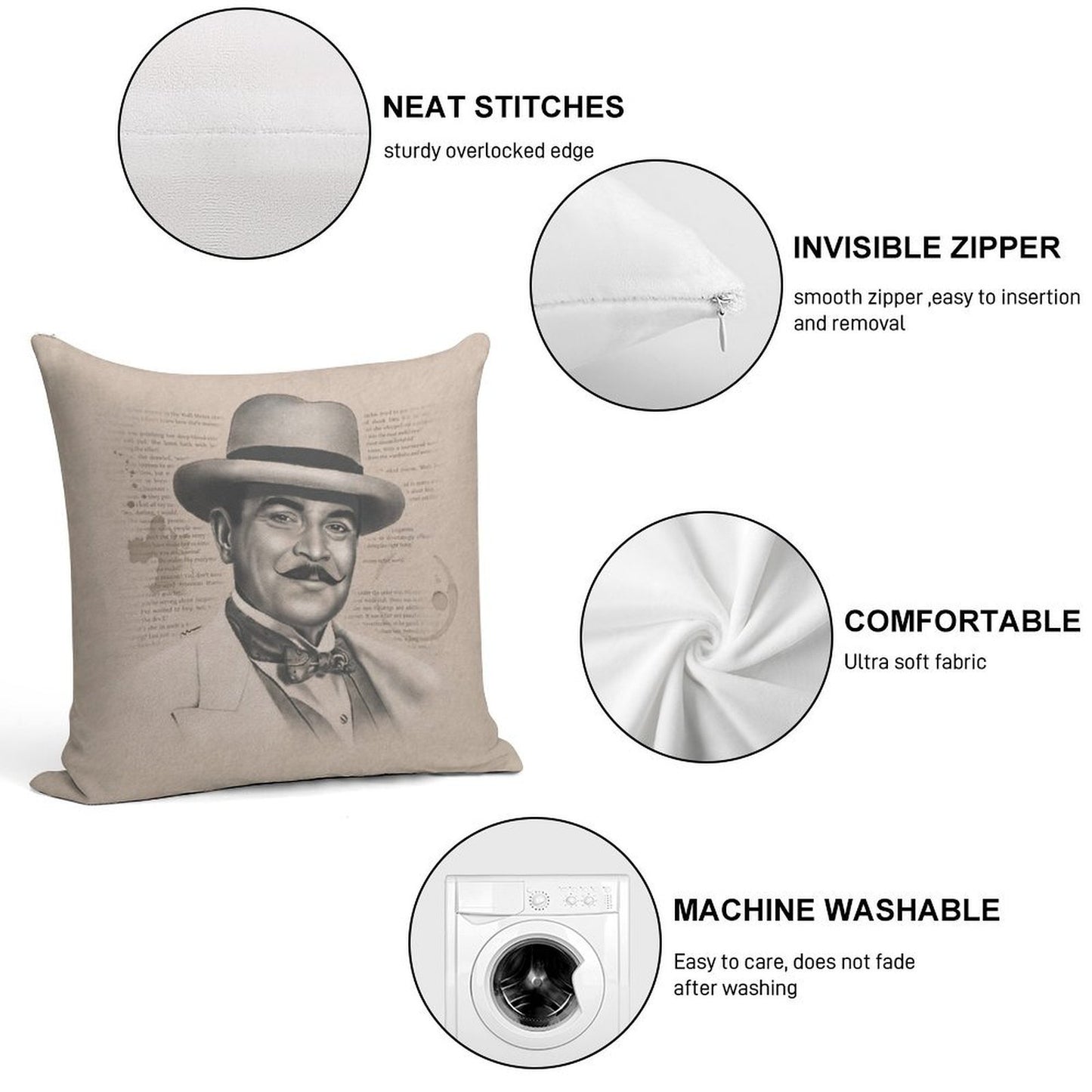Hercule Poirot Soft Fade-Resistant Throw Pillow