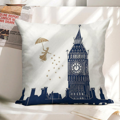 Mary Poppins And Big Ben Linocut Linen Throw Pillow Cover