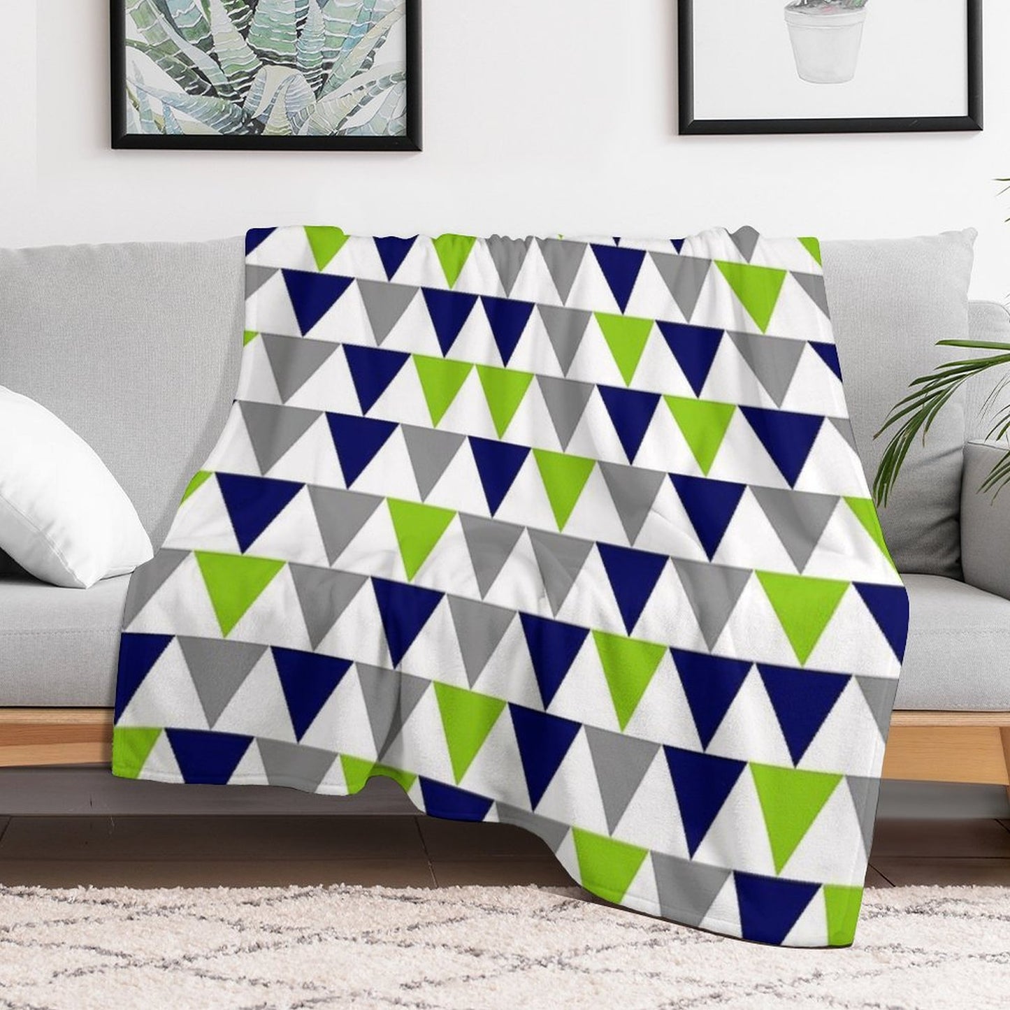 Arrows Lime Green,  Bright Navy Blue, Grey, And White Geometric Pattern Throw Blanket