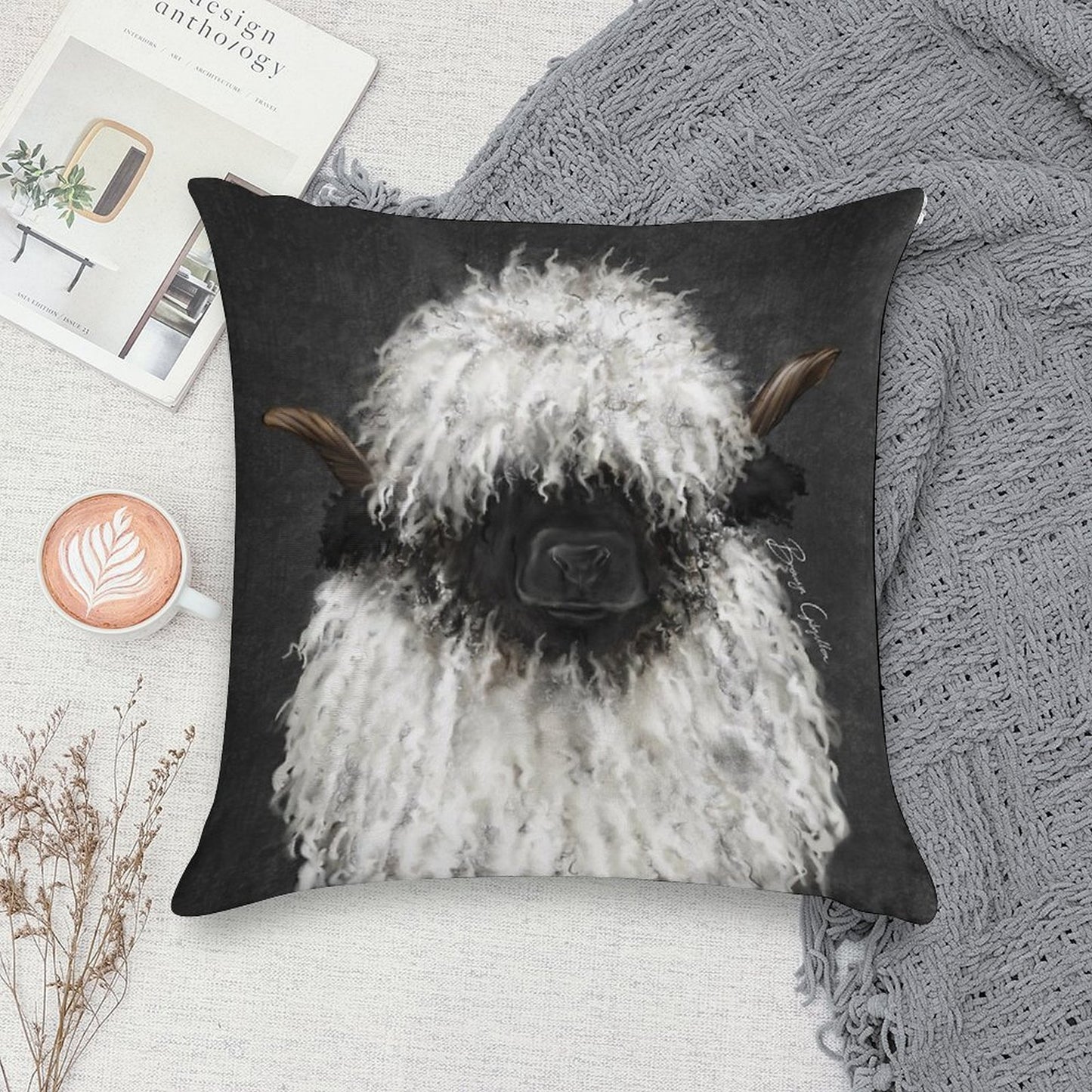Bo Sheep. Valais Blacknose Sheep. Soft Fade-Resistant Throw Pillow