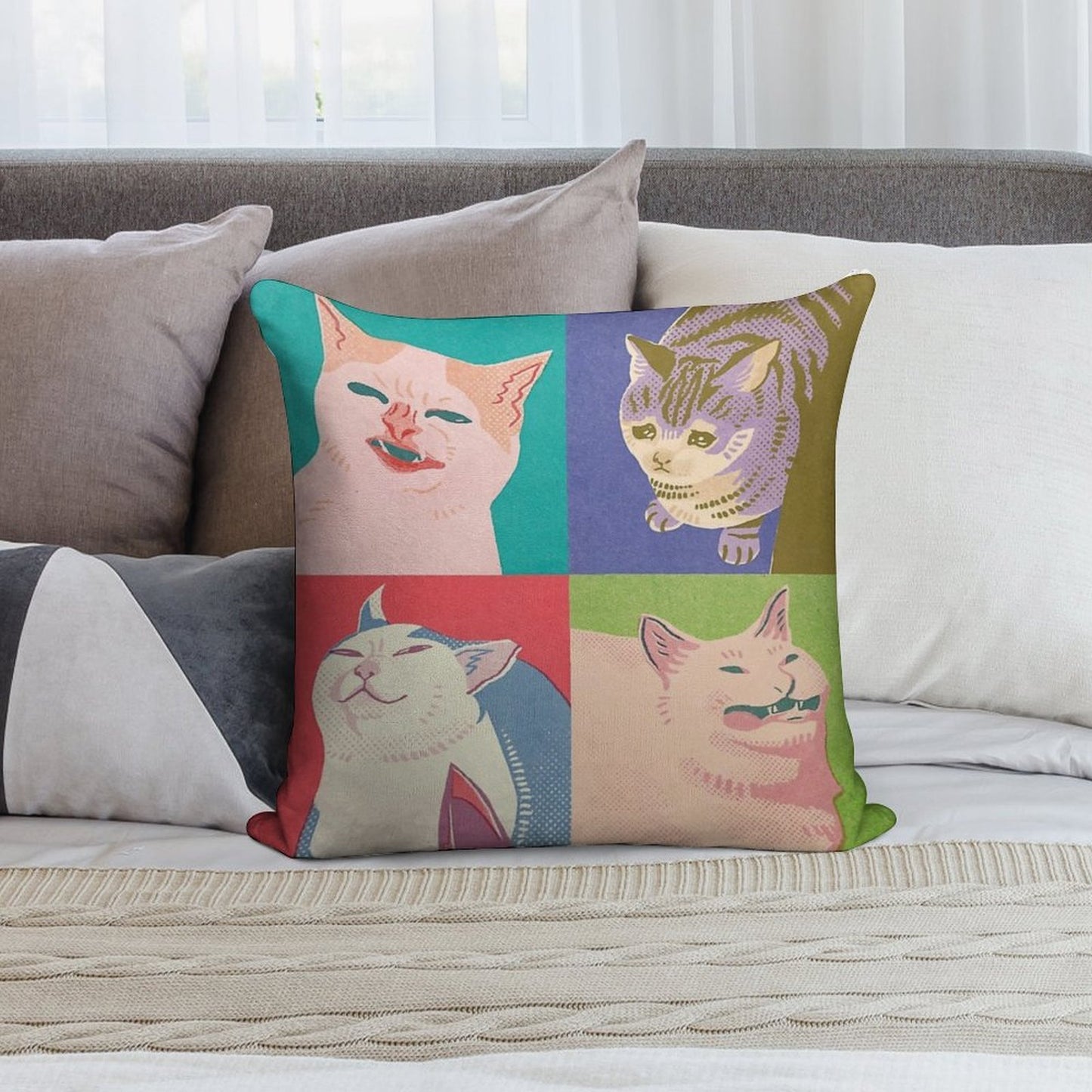 Four Meme Cats of The Apocalypse Soft Anti-Pilling Throw Pillow