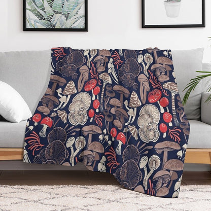 Mystical Fungi  Midnight Blue Background Brown Red And Coral Wild Mushrooms Throw Blanket