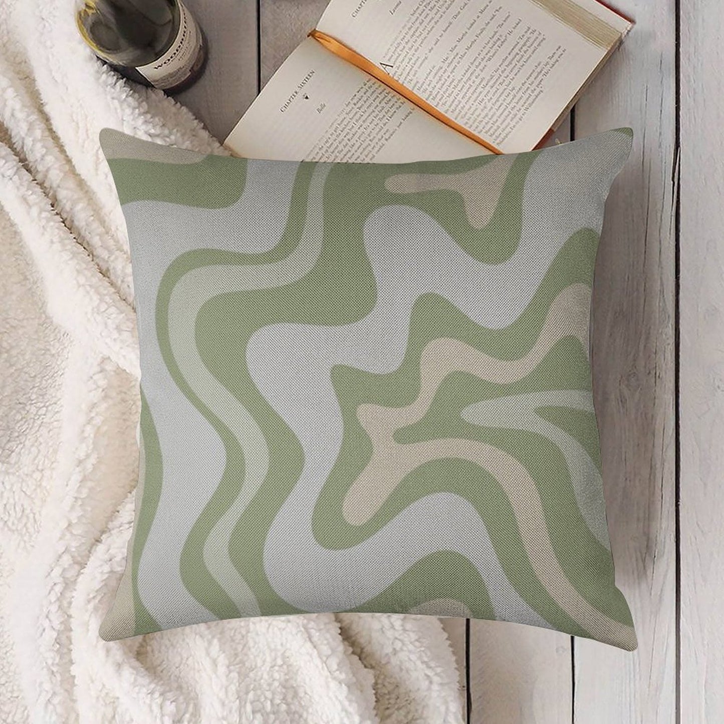 Liquid Swirl Contemporary Abstract in Light Sage Green Grey Almond Linen Throw Pillow Cover
