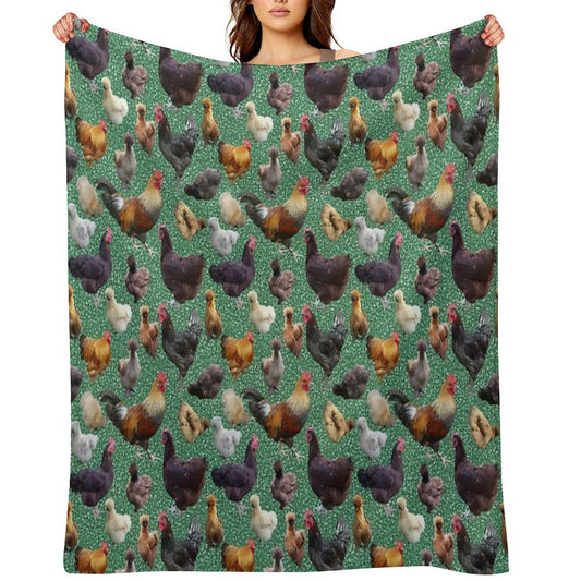 Backyard Chickens on Green Glitter Throw Blanket