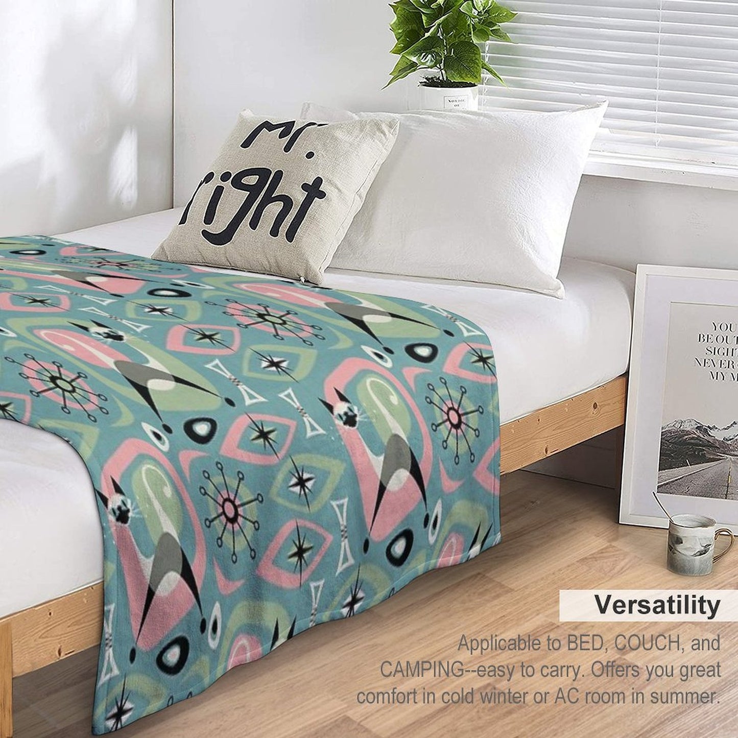 Mid Century Siamese Cat Abstract on Blue Throw Blanket