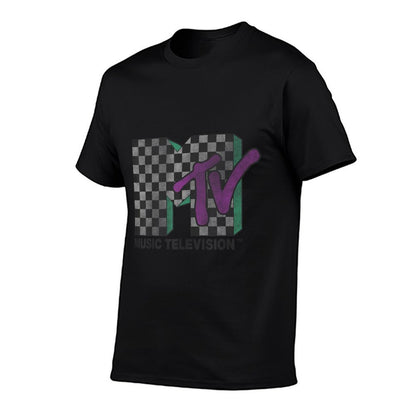 MTV Checkered Distressed Retro Logo  Ribbed Collar T-Shirt