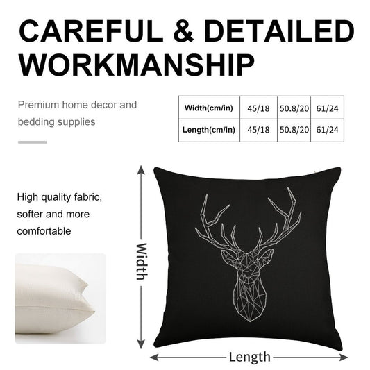 Geometric Stag - BLACK Linen Throw Pillow Cover