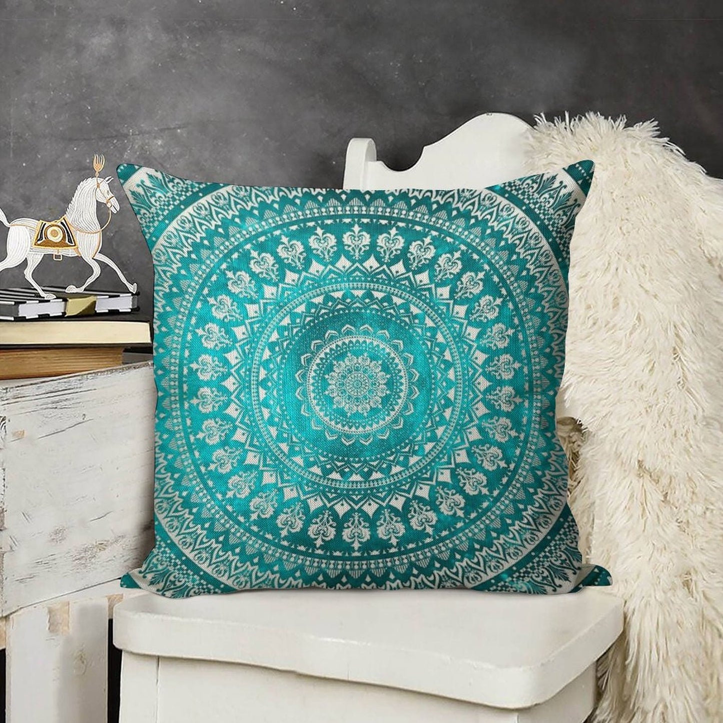 Mandala Turquoise Linen Throw Pillow Cover