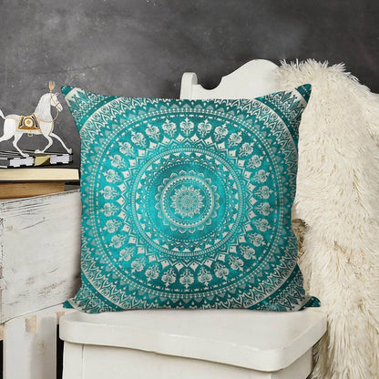 Mandala Turquoise Linen Throw Pillow Cover