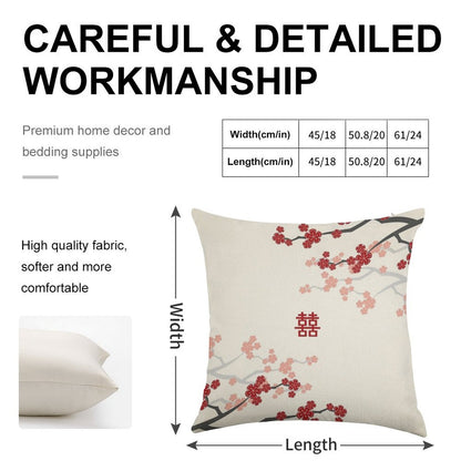 Red Oriental Cherry Blossoms on Ivory And Chinese Wedding Double Happiness  Japanese Sakura © Fatfatin Linen Throw Pillow Cover