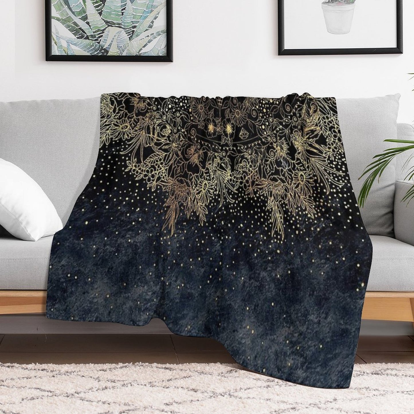 Blue Gold Mandala Floral Throw Blanket