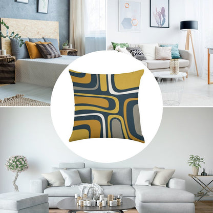 Palm Springs Mid-Century Modern Abstract Pattern in Light And Dark Mustard, Gray, And White on Navy Blue Linen Throw Pillow Cover