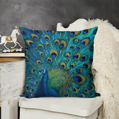 Peacock Full Glory 2 Linen Throw Pillow Cover