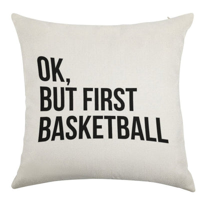 BUT FIRST BASKETBALL Linen Throw Pillow Cover