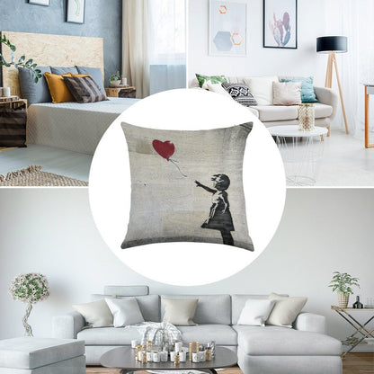 Banksy's Girl with A Red Balloon Linen Throw Pillow Cover