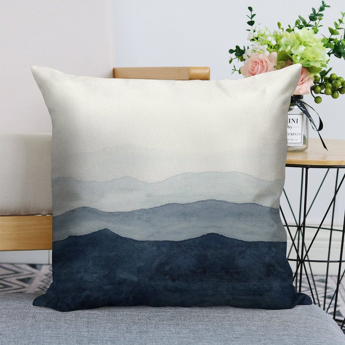 Mountains Ombre  Indigo Abstract Watercolor Linen Throw Pillow Cover