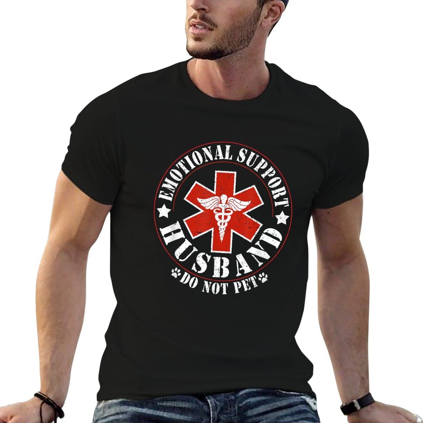 Emotional Support Husband Do Not Pet Funny Mens Husband  Rolled Sleeves T-Shirt