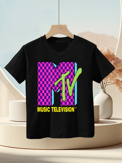 MTV Music Television Retro 80's Neon Pink Checkerboard Logo Kids T-Shirt