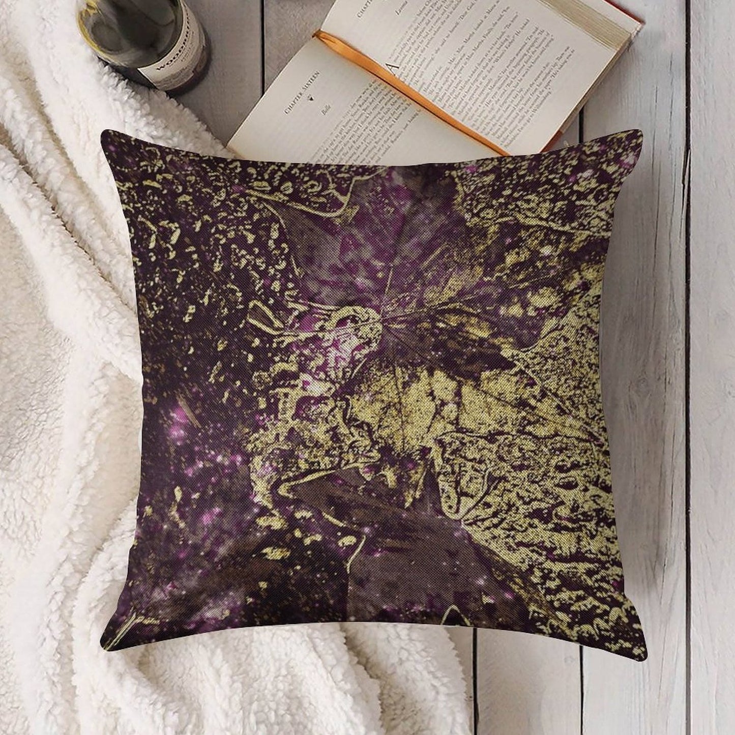 Two Purple Leaves in Melted Gold Linen Throw Pillow Cover