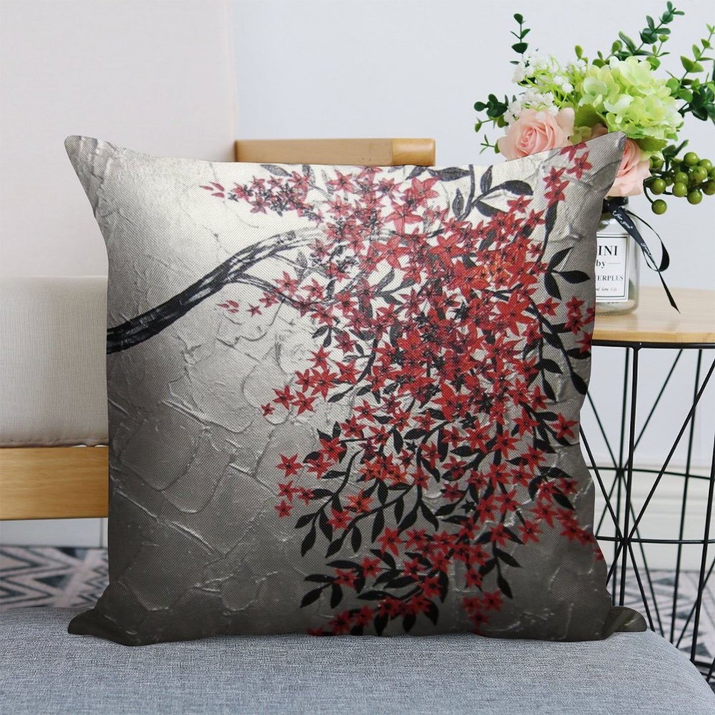 Red Black And Silver Cherry Blossom Tree Art Linen Throw Pillow Cover