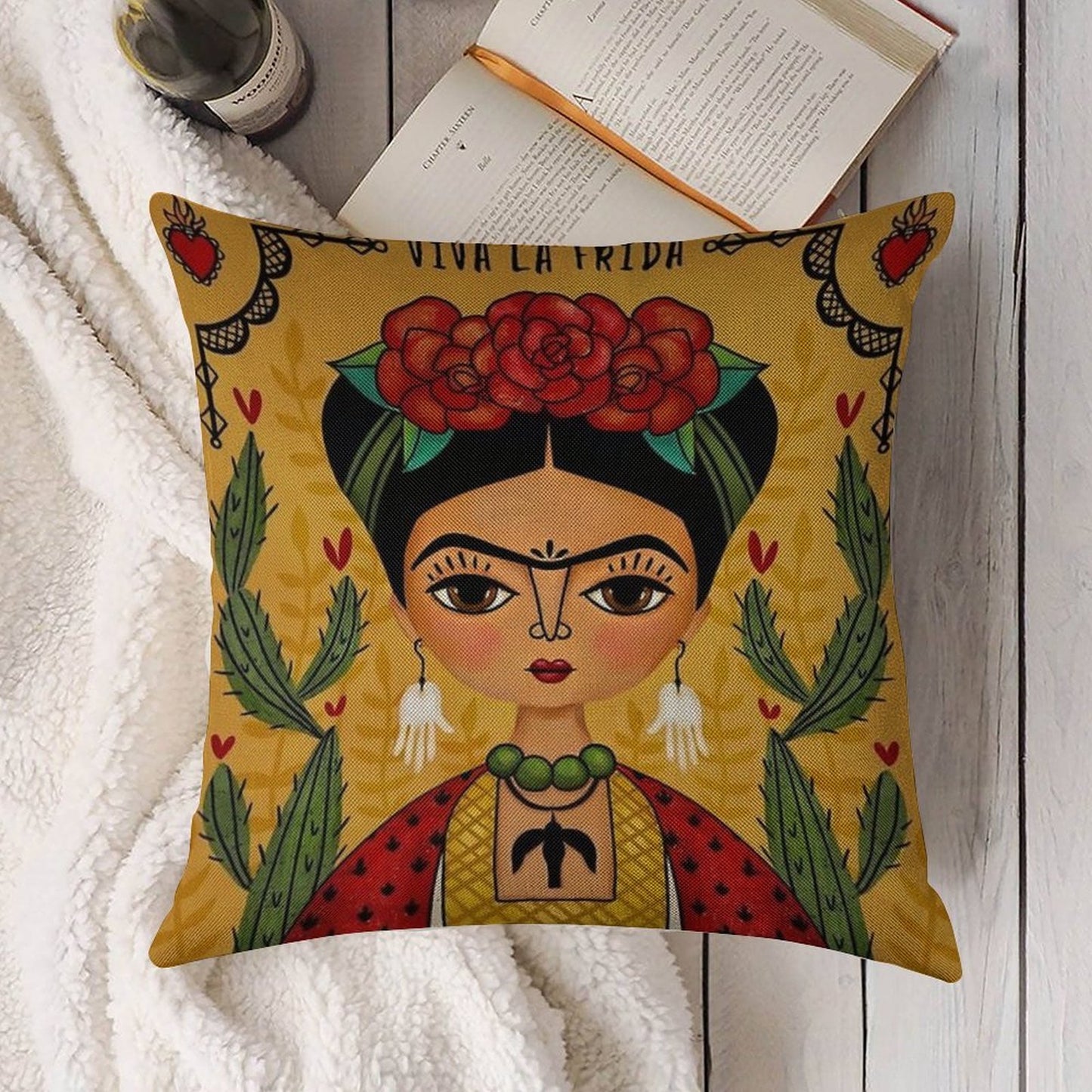 Frida Kahlo Illustration Linen Throw Pillow Cover