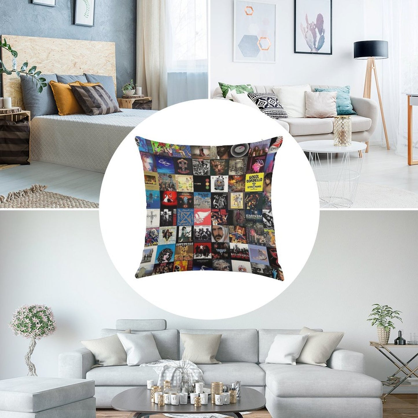 Retro Album Cover Collage Linen Throw Pillow Cover