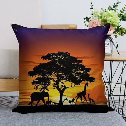 Wild Animals on African Savanna Sunset Linen Throw Pillow Cover