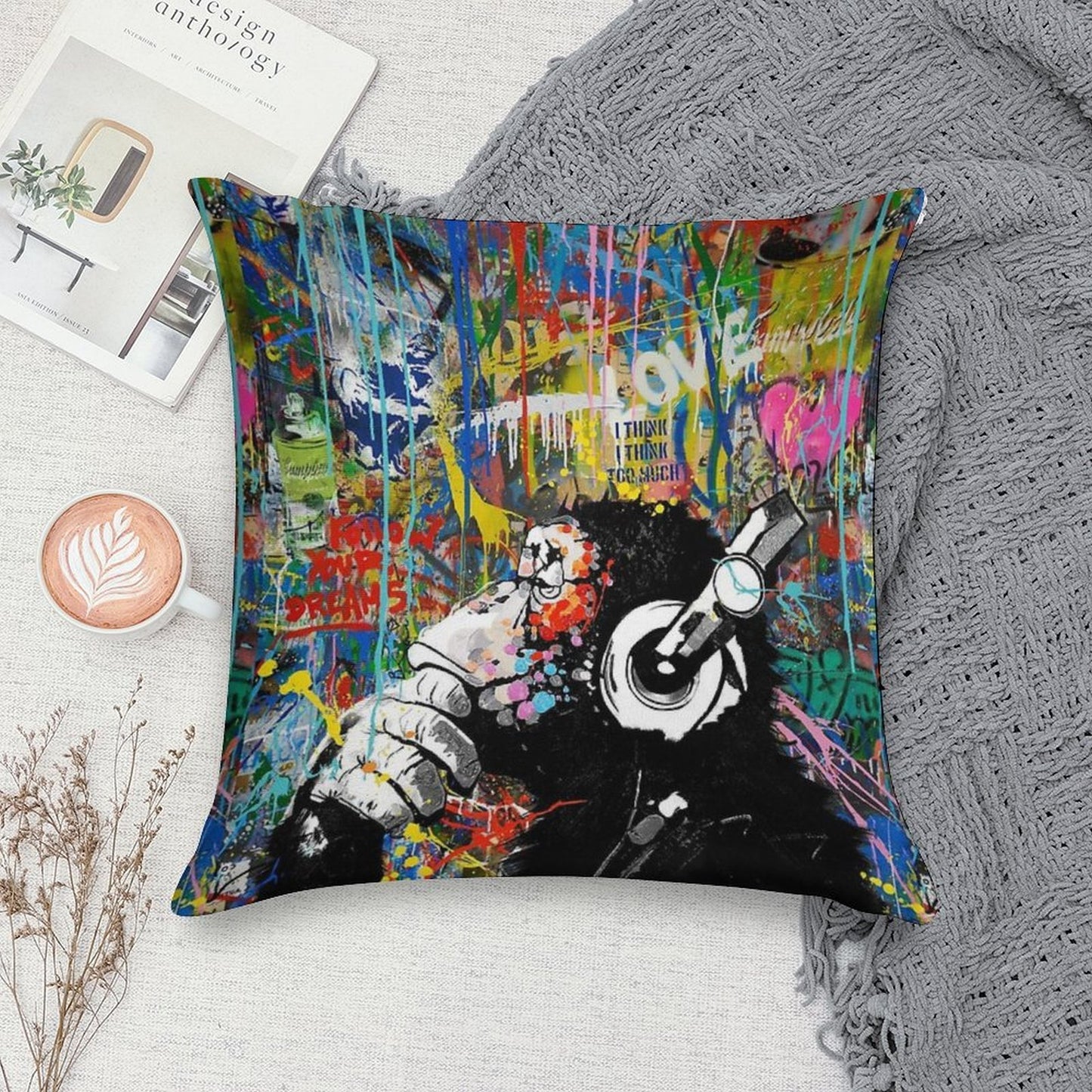 Monkey Thinker - Banksy Urban Contemporary Colorful Street Art -  DJ Chimp Soft Easy Maintenance Throw Pillow